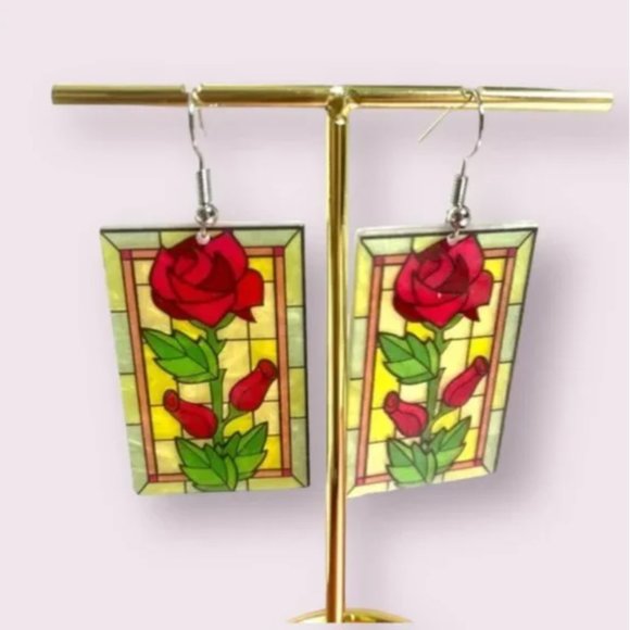 ⭐️❤️FREE Window Stained Glass Tapestry Floral Chic Glam Art Artsy Drop Earrings - Picture 1 of 5